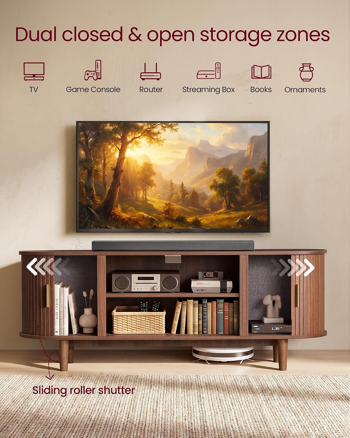 VASAGLE TV Stand for 65-Inch TVs, Mid Century Entertainment Center with Storage, Fluted Sliding Doors, Media Console Table for Living Room, Bedroom, Chestnut Walnut ULTV633K101