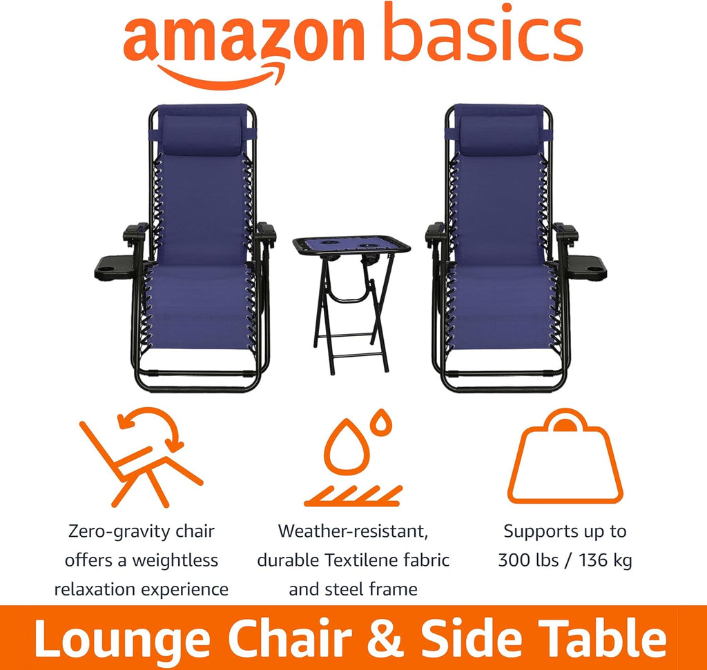 Amazon Basics Outdoor Adjustable Zero Gravity Folding Reclining Lounge Chair with Cup Holder, Headrest Pillow, Detachable Side Table, Weather Resistant, Set of 2, Blue