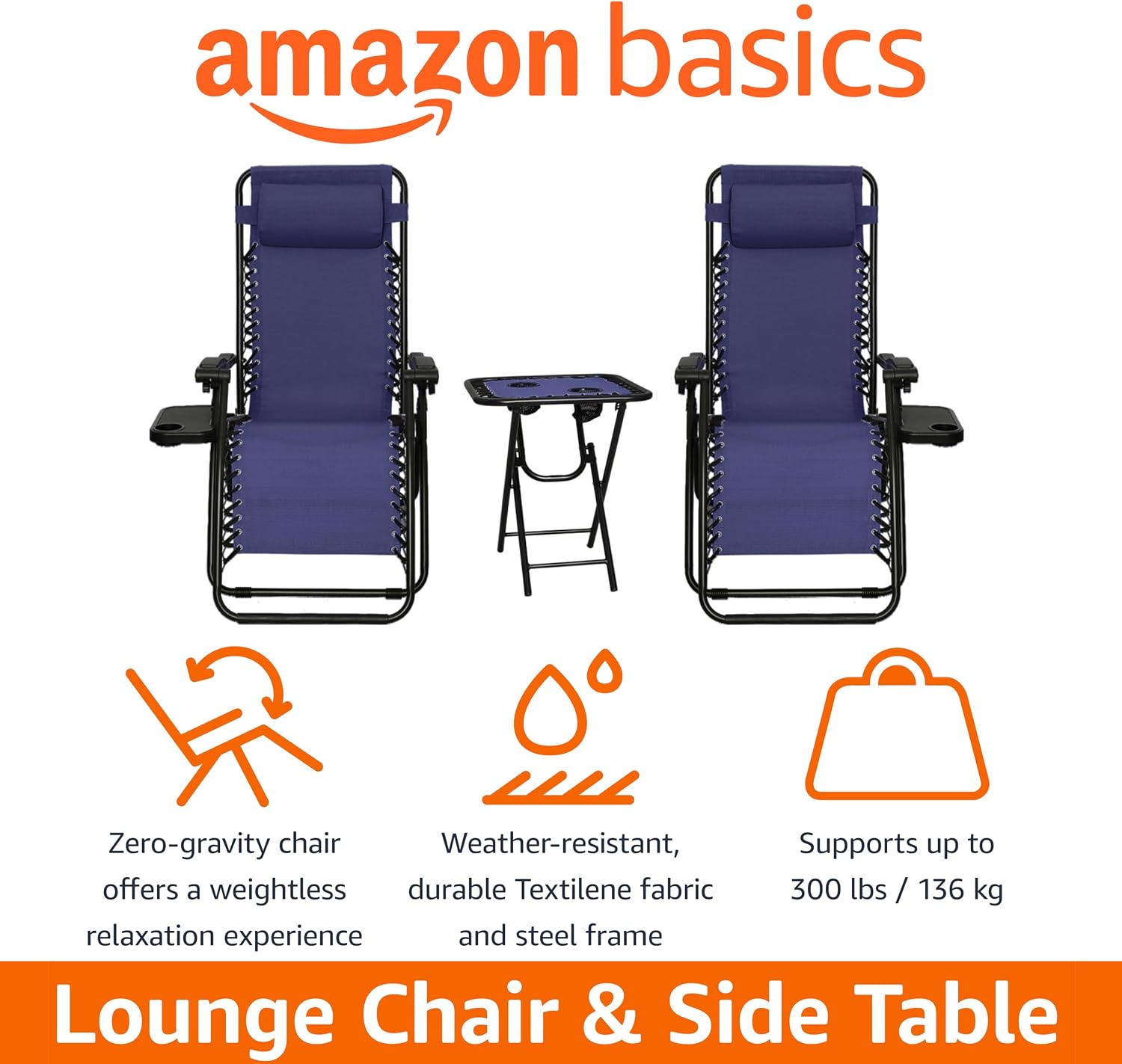 Amazon Basics Outdoor Adjustable Zero Gravity Folding Reclining Lounge Chair with Cup Holder, Headrest Pillow, Detachable Side Table, Weather Resistant, Set of 2, Blue