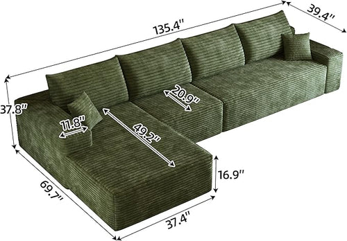 135" Oversized Compressed Sectional Sofa - 33D High-Density Foam Cloud Couch with Deep Seat - Minimalist 3-Piece Corduroy Upholstered Boneless Modular Lounge Couch | Breathable material, Full Foam, Anti-slip