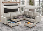 SITJOY 118" Faux Leather Modular Sectional Sofa with Storage, Mid Century Modern Sectional Couches for Living Room, 6 Seater V Shaped Couch with Chaise, Greige