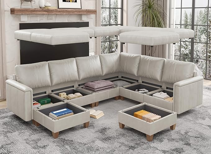 SITJOY 118" Faux Leather Modular Sectional Sofa with Storage, Mid Century Modern Sectional Couches for Living Room, 6 Seater V Shaped Couch with Chaise, Greige