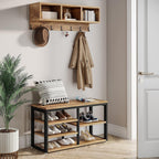 LITTLE TREE Coat Shoe Rack, Hall Tree Entryway Bench Set for Hallway, Living Room, Bedroom, Oak+Black