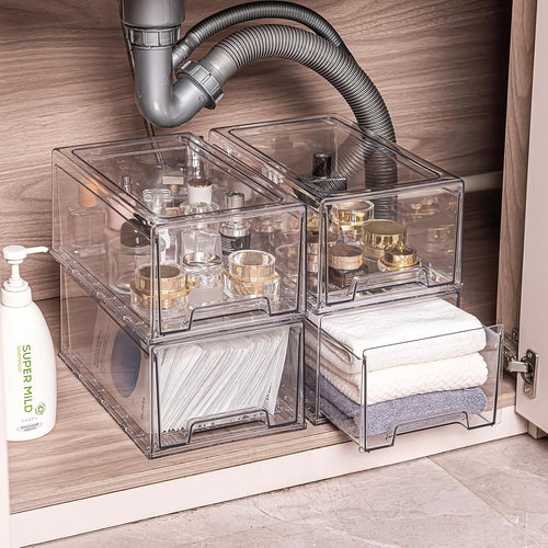 2 Pack Stackable Pull-Out Storage Drawers，Plastic Clear Organizer Bins with Handles，Easily Clean for Undersink，Cabinet，Fridge，Closet，Pantry，Office，Bathroom