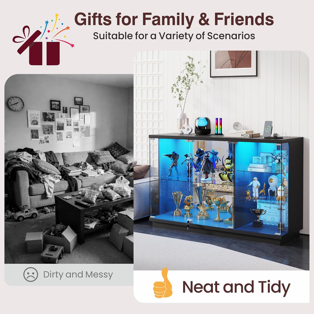 Gurexl 47.2" W Glass Display Cabinet with 3-Color LED Lights, 5-Tier Loc...