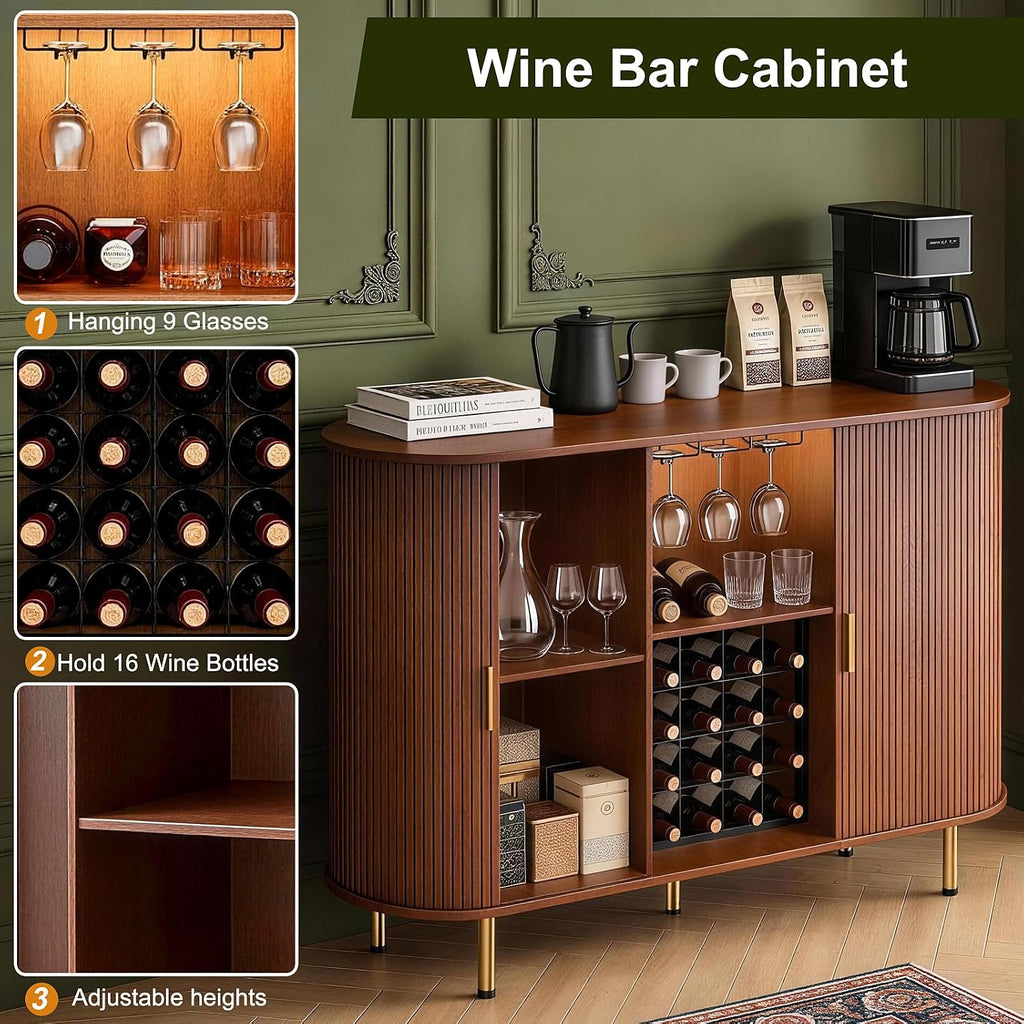 DHH 55" Wine Bar Cabinet with Storage, Fluted Liquor & Coffee Bar Cabinet with Wine Rack and Glass Holder, Buffet Sideboard with LED Lights for Home Kitchen Living Dining Room(Walnut)