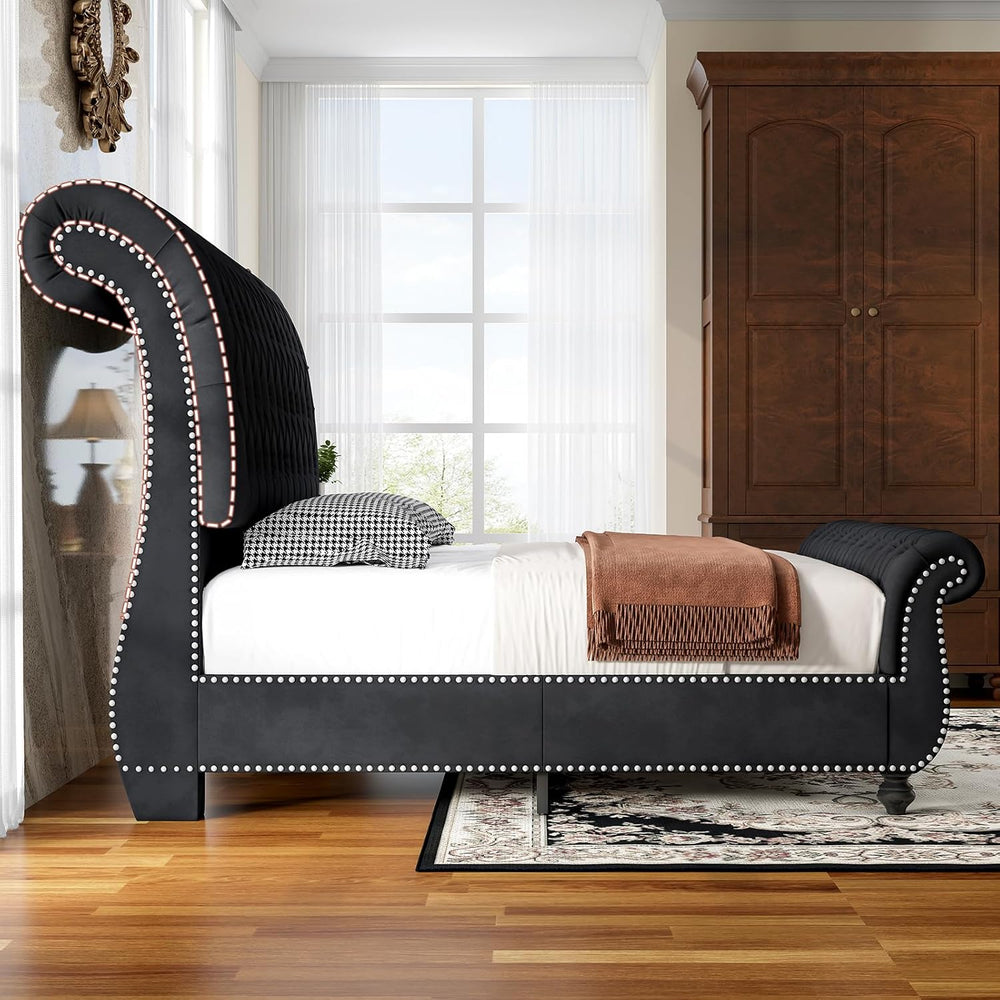 Jocisland Queen Size Bed Frame with Sleigh Headboard & Footboard, Black