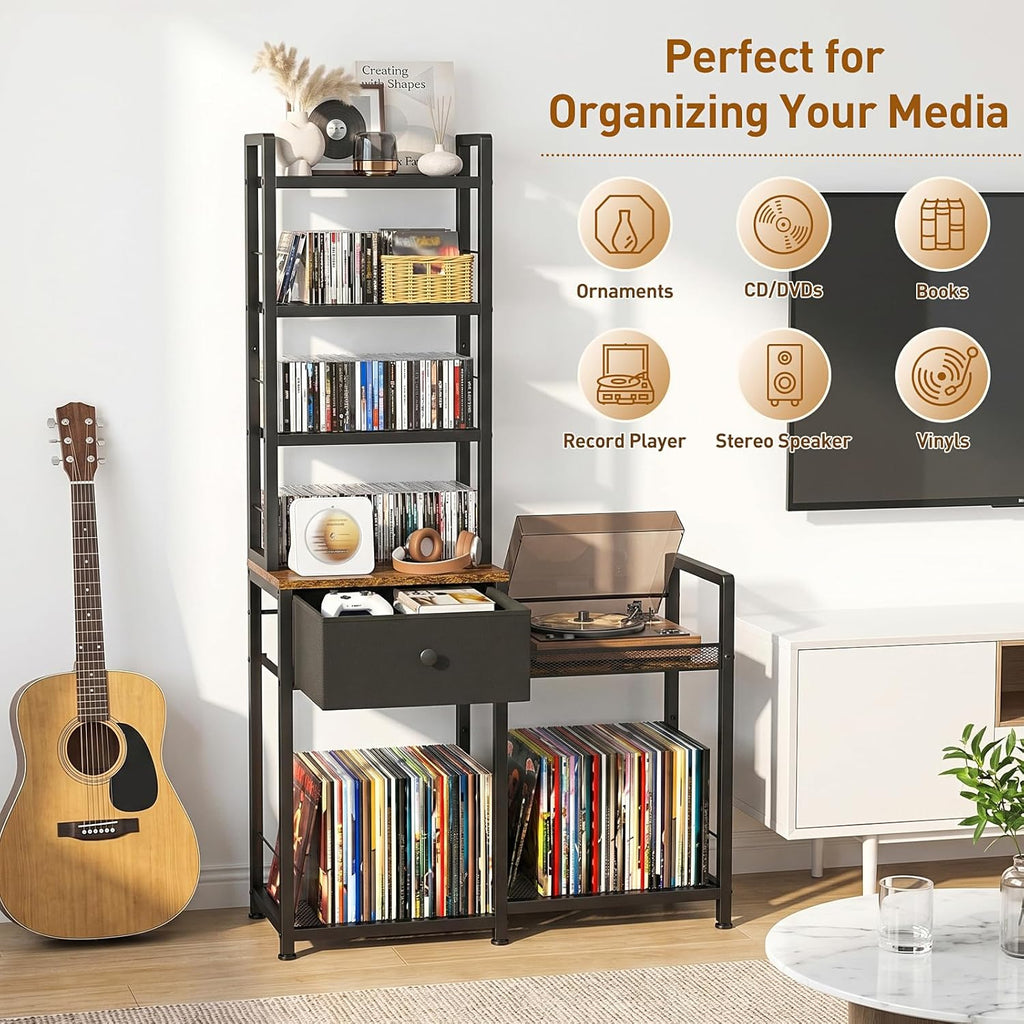 ikkle CD Rack with Drawer, 7-Tier DVD Organizer Shelf with Vinyl Storage | Media Storage Rack for CDs/DVDs, Vinyl Records, Books & Games, Ideal for Living Room & Home Office, 32.1x11.8x57.2 in, Brown