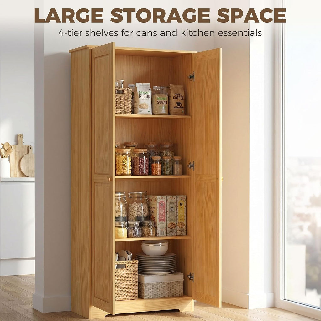 HOMCOM 67" Pinewood Kitchen Pantry Storage Cabinet Freestanding Brown | Adjustable Shelves, Solid Wood Food Pantry, Soft-Close Doors, Living Room Dining Room