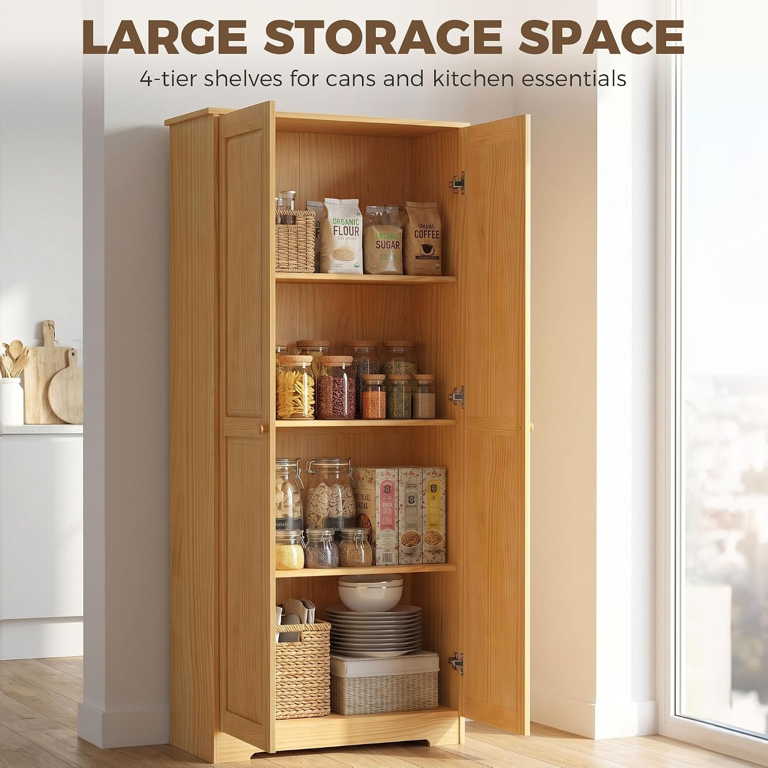 HOMCOM 67" Pinewood Kitchen Pantry Storage Cabinet Freestanding Brown | Adjustable Shelves, Solid Wood Food Pantry, Soft-Close Doors, Living Room Dining Room