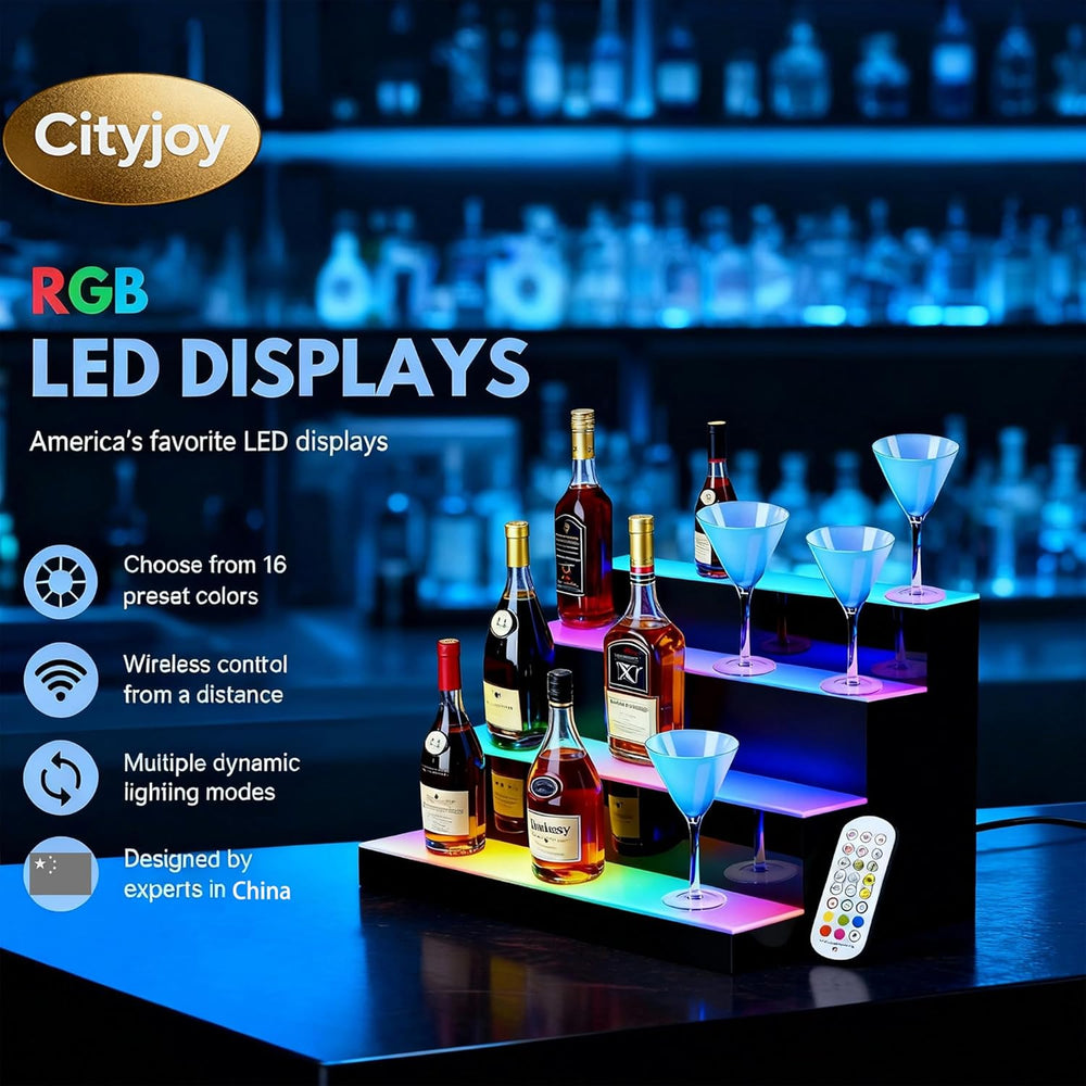 4-Tier LED Lighted Liquor Bottle Display Shelf, 23.6"x 15.8"x 12.6&...