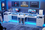 Furologee 60" White Office Computer Desk with 4 Drawers,Gaming Desk with LED Lights and Power Outlets,Long Desk with Fabric File Cabinet,Study Writing Work Table with Shelf for Bedroom Home Office