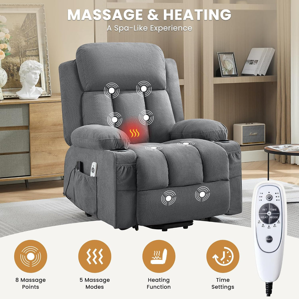Power Lift Recliner Chair with Heat and Massage | Electric Recliner Sofa, Side Pocket & USB Charge Port, Grey Recliner Chairs for Adults, Easy Remote Control