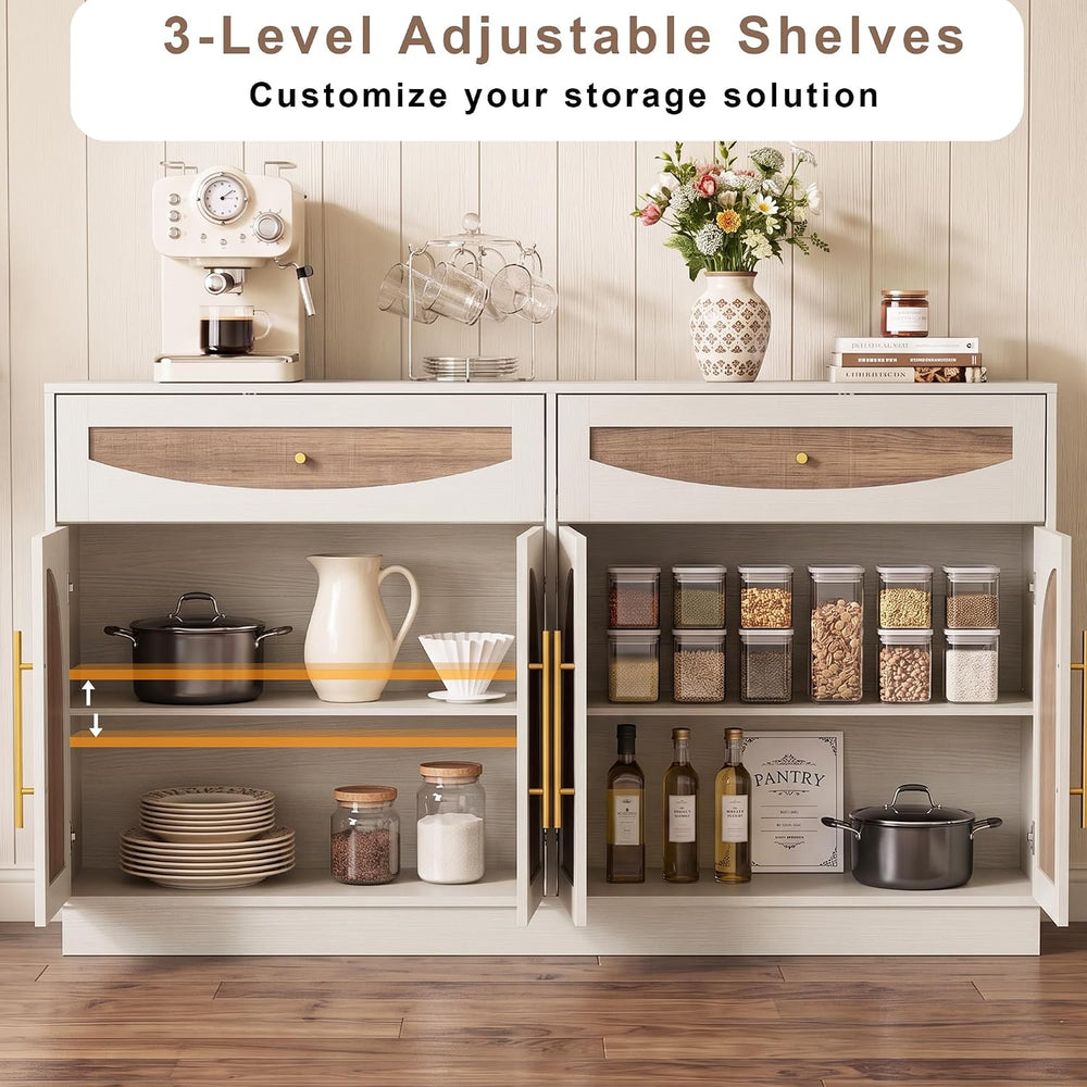 63'' Arched Door Sideboard Buffet Cabinet with Drawers, White and Nat...