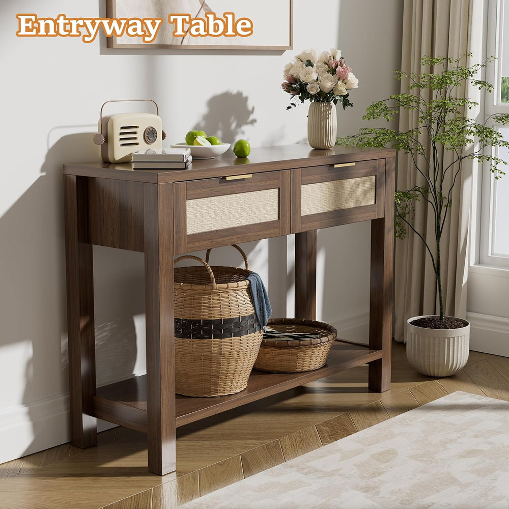 Boho Chic Console Table with 2 Rattan Drawers and Open Shelf Storage, Narrow ...