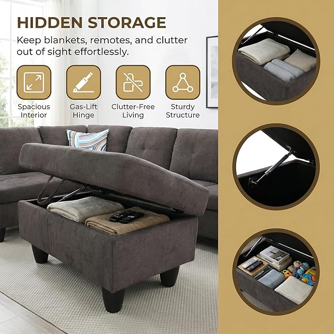 3-Piece L-Shaped Modular Leather Sofa – Convertible Sectional Couch with Movable Chaise & Storage Ottoman, Multi-Scene Use for Living Room, Apartment & Office, Dark Brown