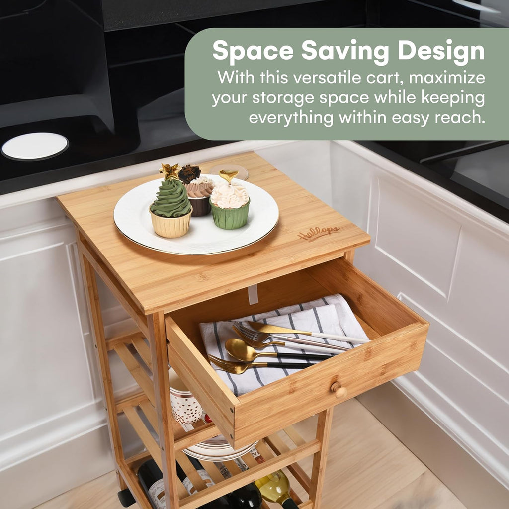 Hallops Kitchen Cart with Drawer and Basket - Brown Kitchen Cart Island for Small Spaces - Extra Counter Space or Spice Rack - Portable Dining Table with Wheels - Elegant Solid Wood Top, Spice Drawer
