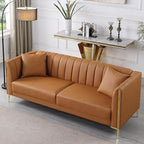 FOTOSOK Leather Couch Sofa, Office Couches 78'' Apartment Faux Leather Sofa with 2 Throw Pillows & Gold Metal Legs, Waterproof 3 Seater Couches for Small Living Room, Affordable Luxury Design