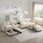 Merax 142'' Modular Sectional Sofa Set with Movable Storage Ottoman and Console, Cup Holder, Wide Seat, 6 Seat U Shaped Couch, Oversized Chenille Sofa with USB Charger for Living Room, Beige
