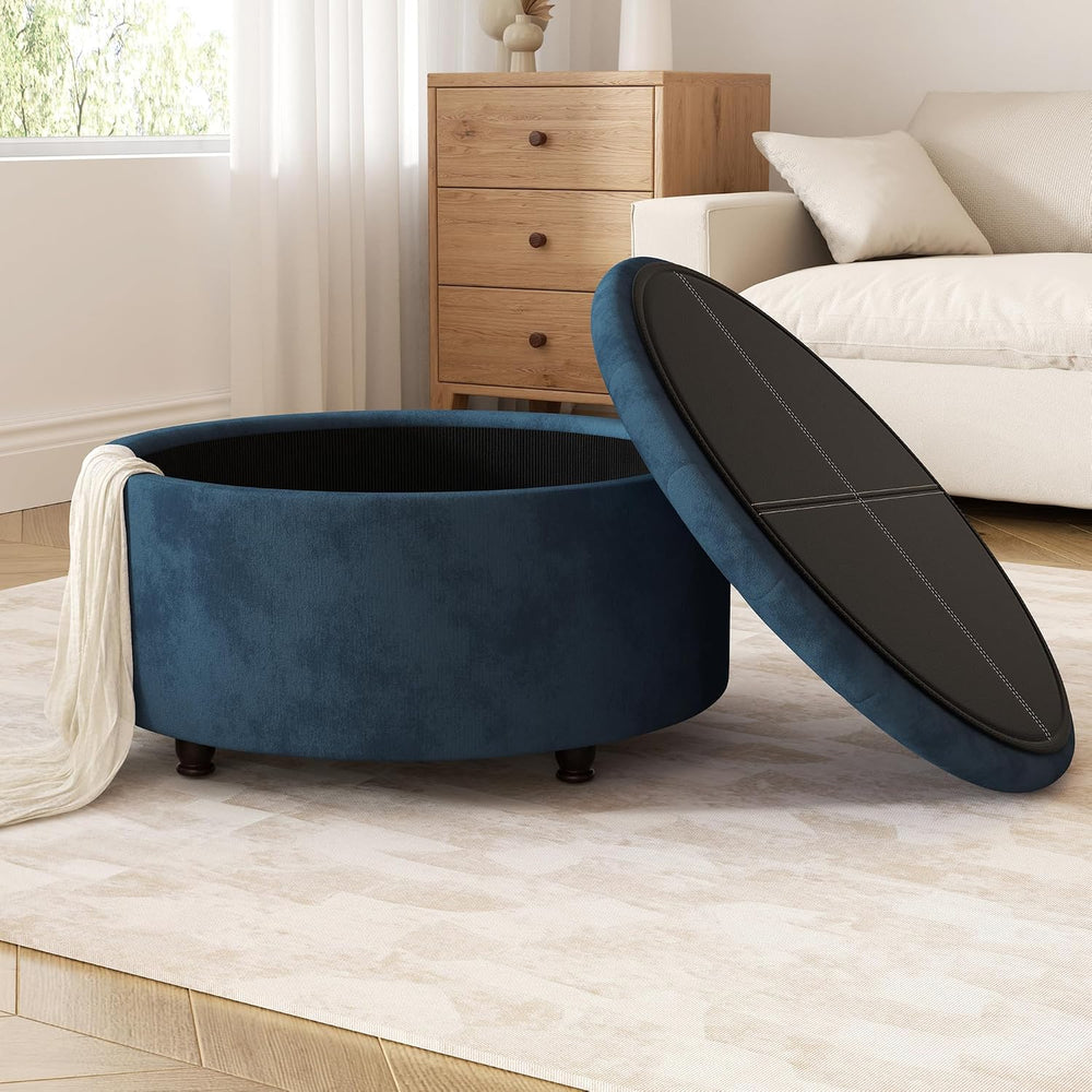 30 Inch Round Storage Ottoman,Modern Blue Tufted Ottomans,Circular Coffee Tab...