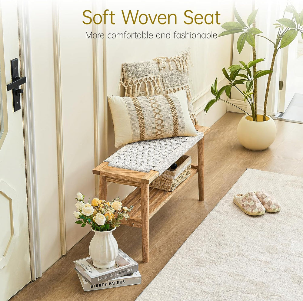 Solid Wood Narrow Bench with Storage, 33.46" Woven Bench for Entryway an...