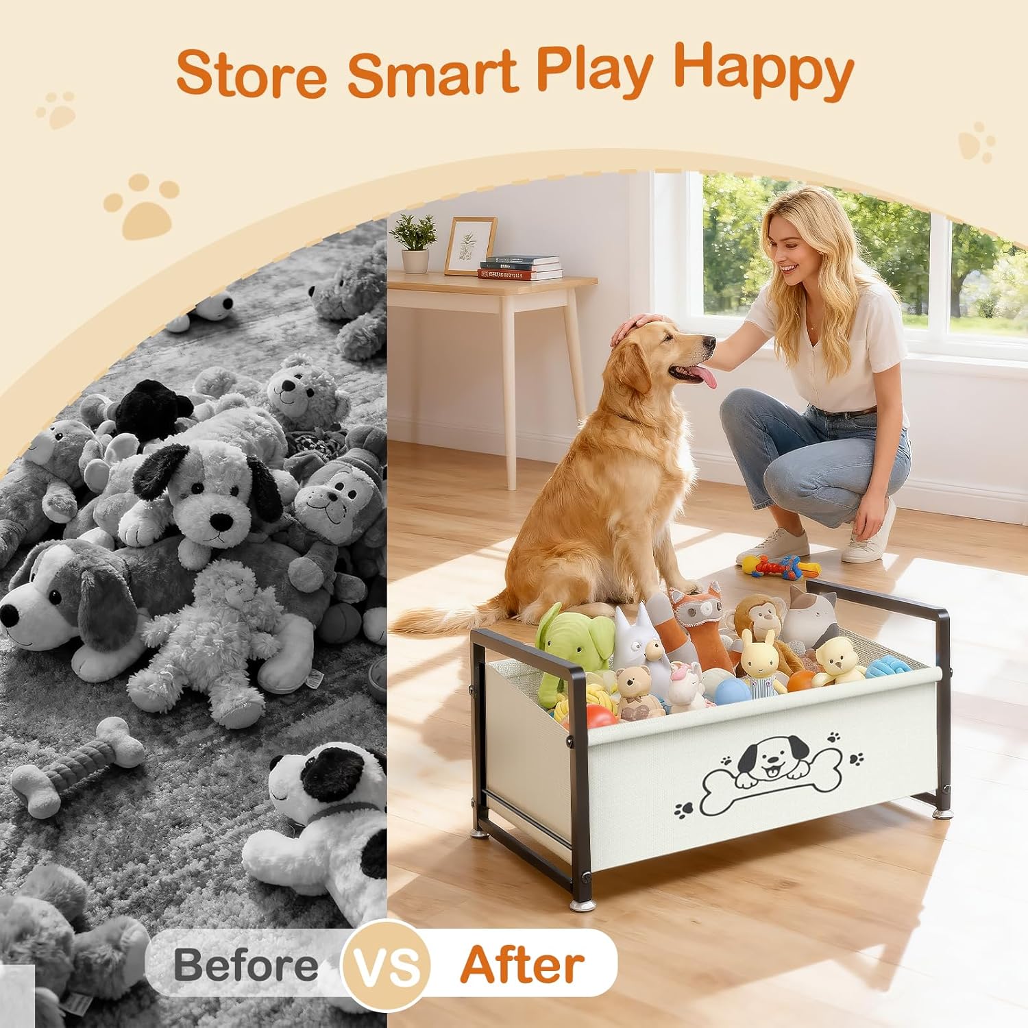 Dog Toy Basket, Toy Box for Dogs, Metal Frame Oxford Fabric Pet Storage Organizer for Living Room