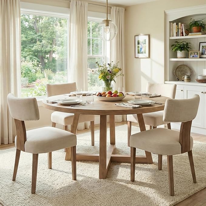 Mid Century Modern Dining Chairs Set of 4 Upholstered Linen Fabric Dining Chairs Curved Backrest Farmhouse Dining Room Chairs Kitchen Chairs with Wood Legs, Beige
