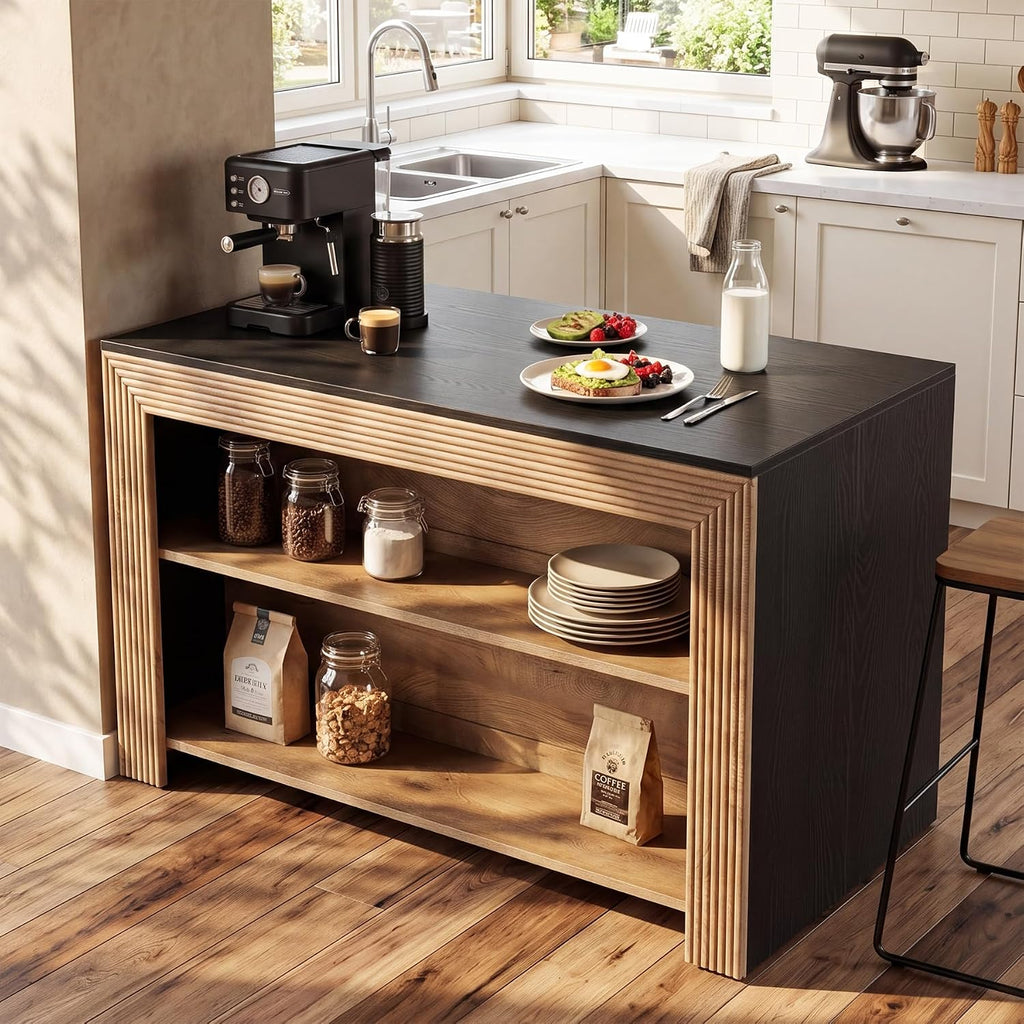LITTLE TREE Kitchen Island with Storage, 55 Inch Island, Modern Farmhouse Kitchen Counter, Fluted Reeded Frame Open Shelves Prep Workstation, Black and Brown