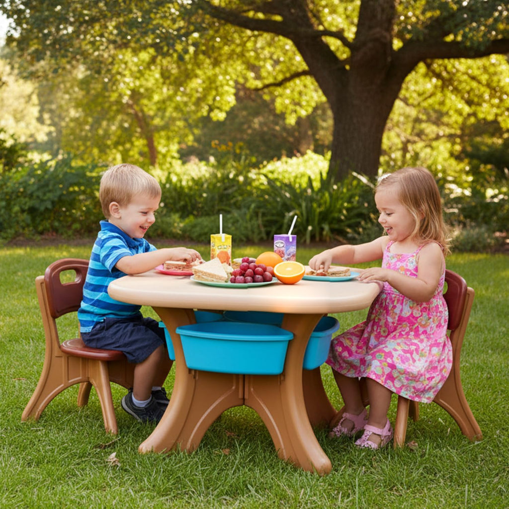 Costzon Kids Table and Chairs, 3 PCS Activity Desk Set w/ 4 Detachable Storage Bins for Indoor Outdoor Play Art Crafts Picnic Patio, Lightweight Toddler Table and Chair Set (Coffee & Blue)