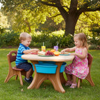 Costzon Kids Table and Chairs, 3 PCS Activity Desk Set w/ 4 Detachable Storage Bins for Indoor Outdoor Play Art Crafts Picnic Patio, Lightweight Toddler Table and Chair Set (Coffee & Blue)