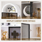 Display Cabinet with Doors and Adjustable Shelves, 76" Tall Display Case with LED Lights/Arch Storage Space, 6 Tier Bookcase for Collectibles Bedroom Living Room Office, White