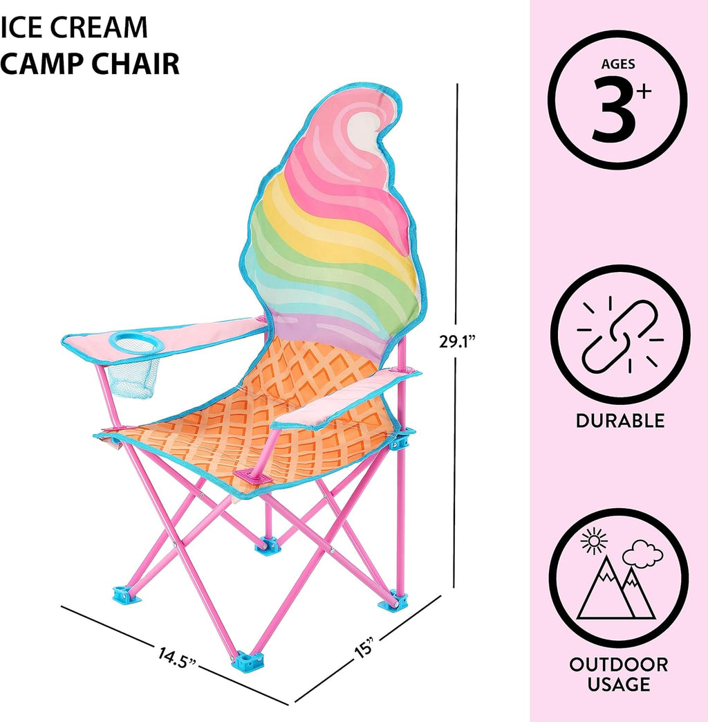 Heritage Kids Ice Cream-Themed Figural Folding Camp Chair,Lightweight Portable Chair with Carry Bag & Cup Holder,Kids Outdoor/Indoor Seating for Ages 6+,14"x14"x26"