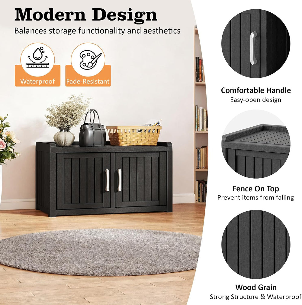 NUNU LAB Outdoor Storage Bench with 2 Barn Doors - Waterproof UV-Resistant Sh...