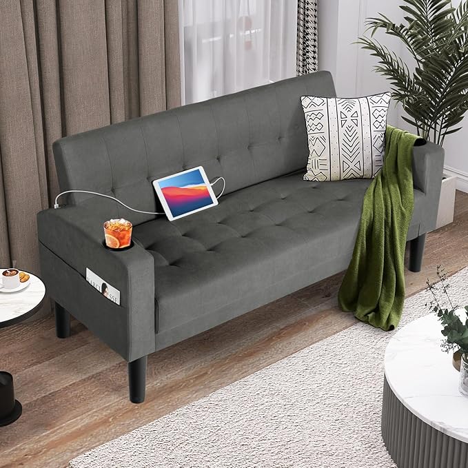 AILEEKISS 62" Loveseat Couches Upholstered Fabric Linen Love Seat Sofas Couch with 2 USB, Cup Holders, Side Pocket, Modern Tufted Sofa for Living Room, Office, Bedroom, Apartment (2-Seat, Dark Grey)