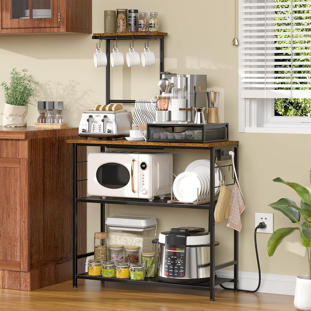 3IngSeagulls 4-Tier Bakers Rack with Power Outlet, 33 Inch Kitchen Microwave Stand with 6 S-Shaped Hooks, Coffee Bar Station with Adjustable Shelf, Rustic Brown