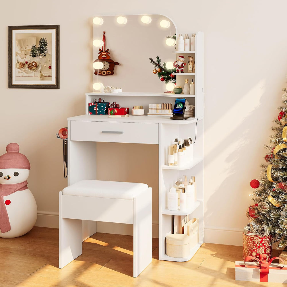 wanan Small Vanity, Set with Chair, Big Mirror & Lights, for Girls, White...