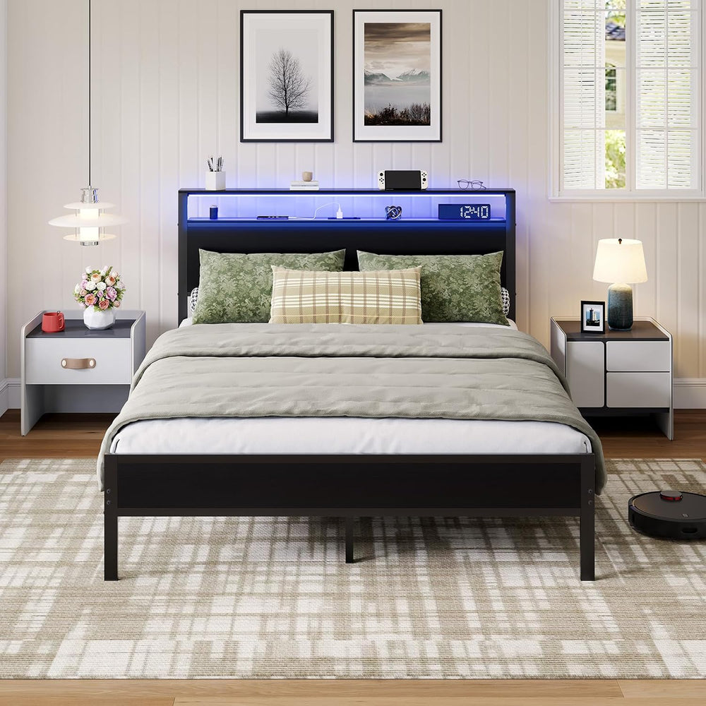 Novilla Full Bed Frame with LED Lights and Charging Station, Metal Platform B...
