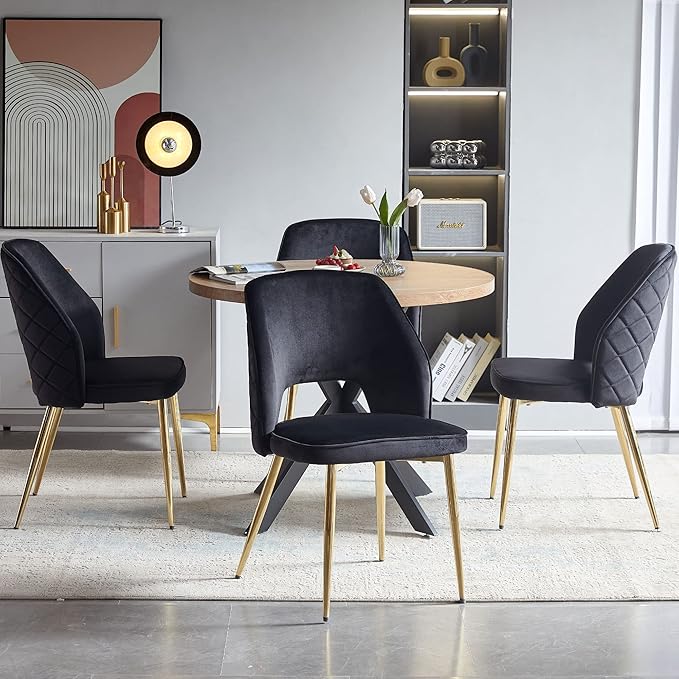NORDICANA Modern Dining Chair Set of 4, Black Velvet Fabric Upholstered Accent Chairs with Golden Metal Legs, Round Back Side Chairs for Kitchen Living Room Bedroom