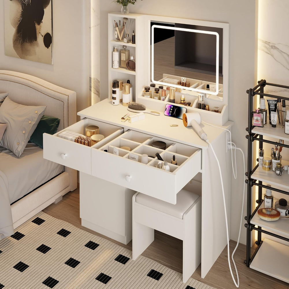 Vanity Set with Mirror and Stool and Lights, with Power Outlet,Dressing Table...