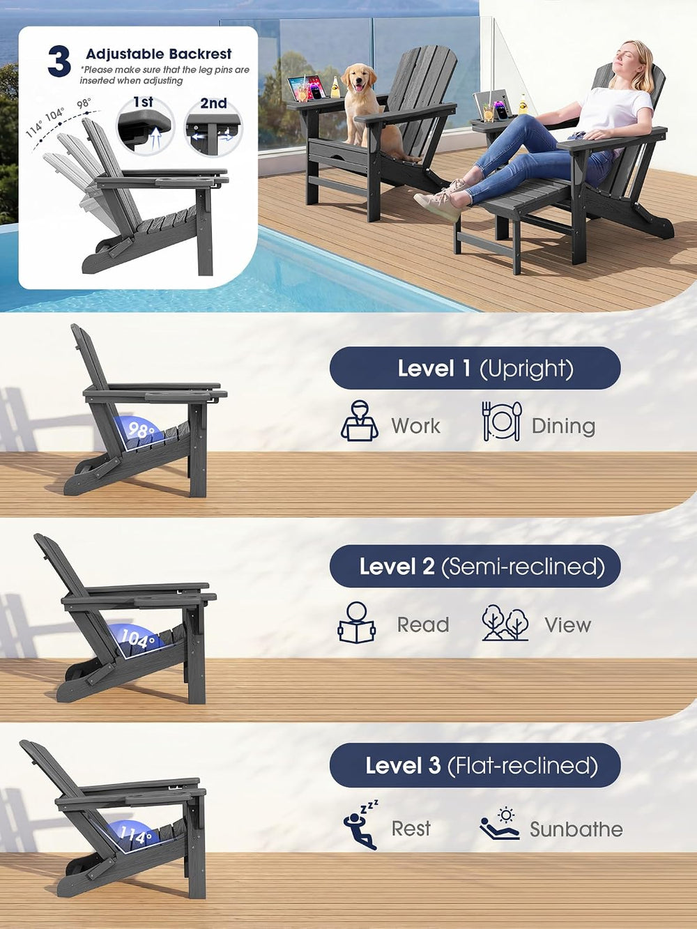 KINGYES Adjustable Folding Adirondack Chair with Footrest & 4-in-1 Multi-...