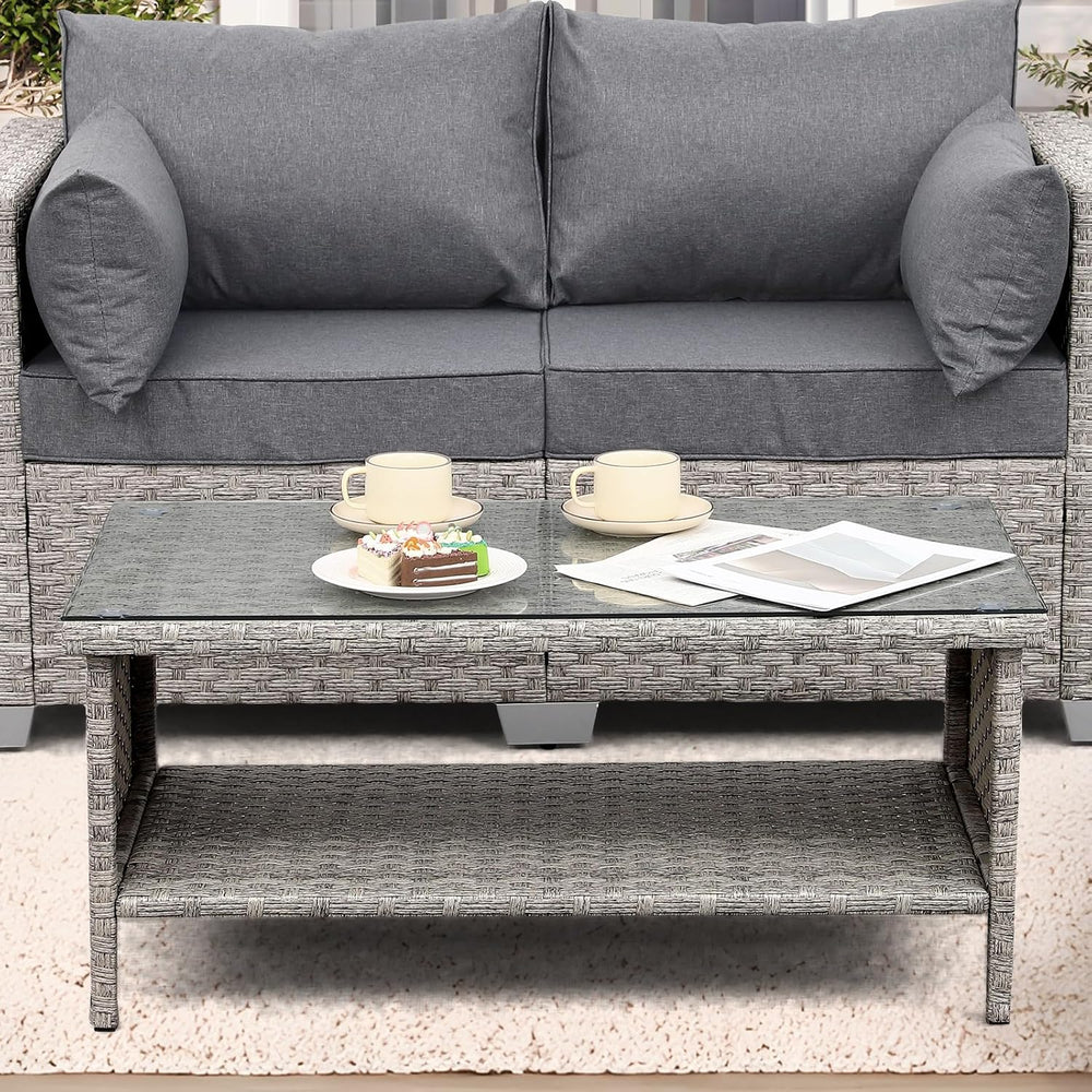 Rattaner Patio Coffee Table Outdoor Furniture Wicker Table 2-Layer Storage wi...