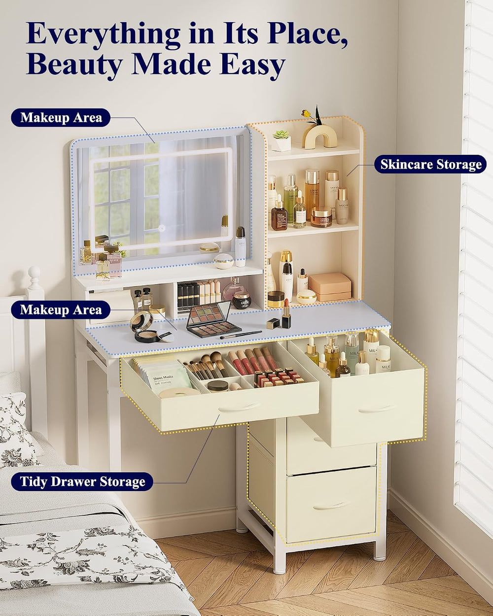 Kitsure Vanity Desk with Mirror and Lights, Large Capacity, Fabric Drawers | ...