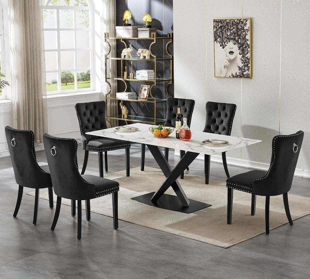 70in Faux Marble Dining Table for 6-8 Person, Modern White Kitchen Dining Roo...