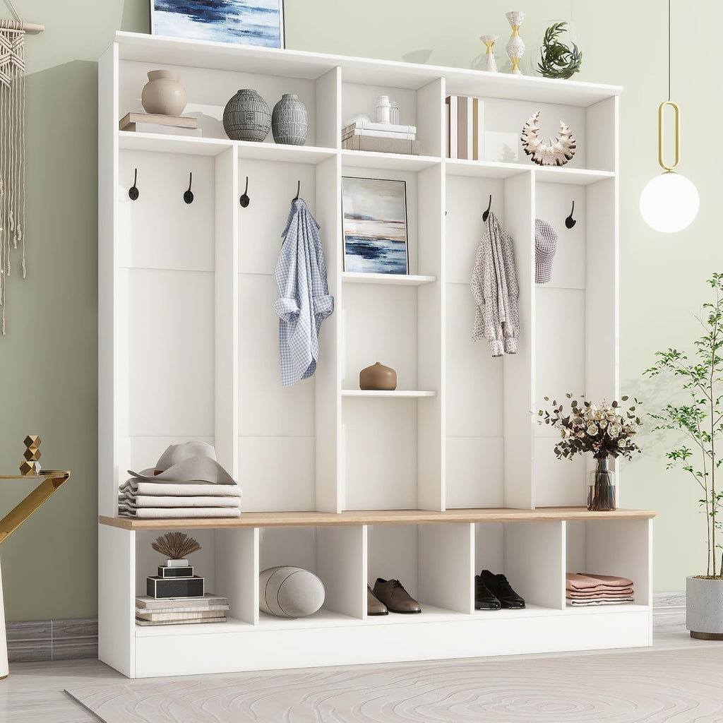 LUMISOL 4-in-1 Hall Tree with Shoe Bench, Cube Storage & Shelves, Wide Entryway Coat Rack with 8 Hooks for Mudroom Living Room, White