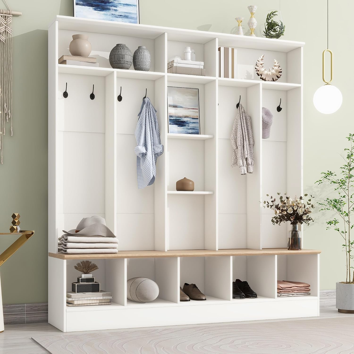 LUMISOL 4-in-1 Hall Tree with Shoe Bench, Cube Storage & Shelves, Wide Entryway Coat Rack with 8 Hooks for Mudroom Living Room, White