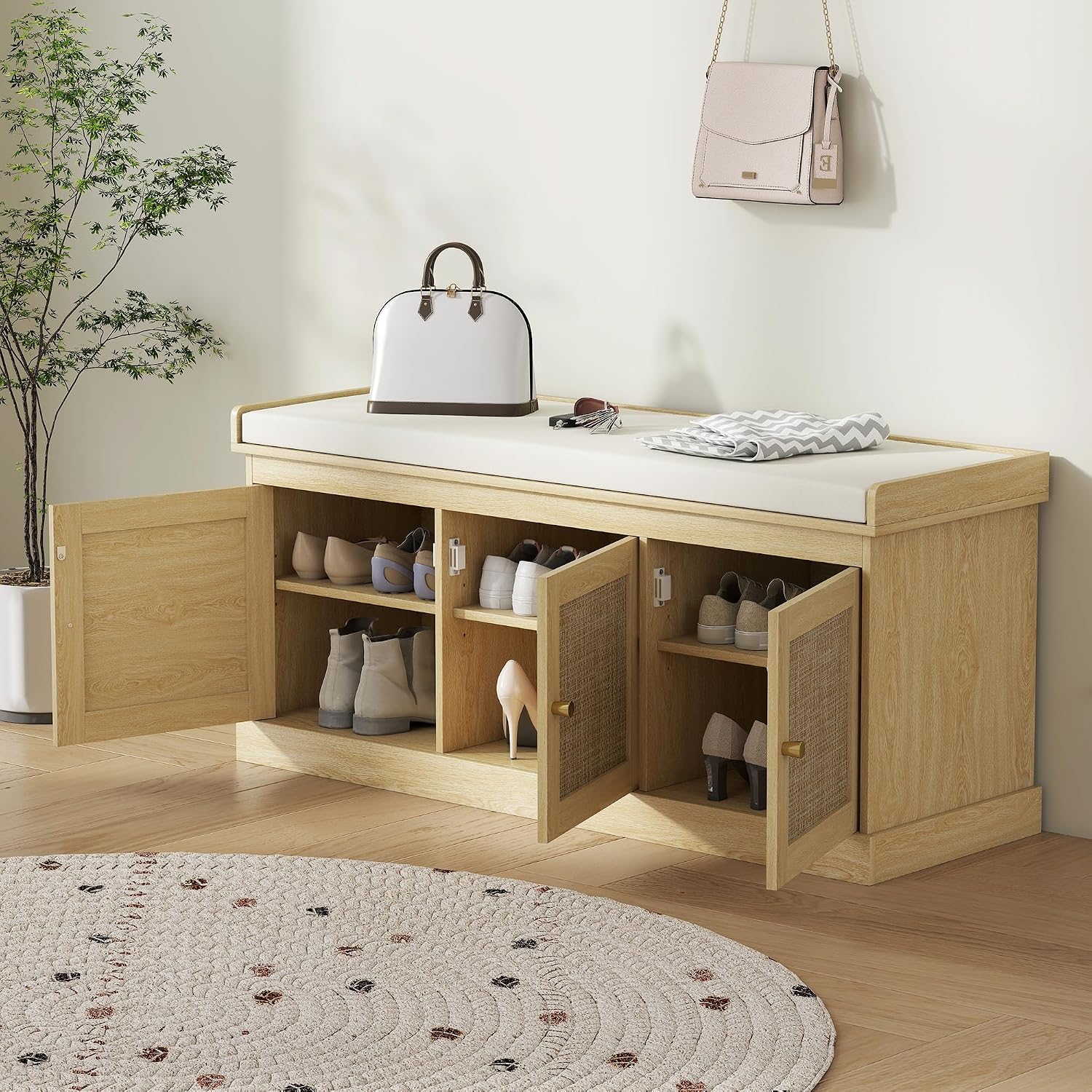 HOMCOM Shoe Bench Storage Rattan Doors 13.8 x 41.3 x 18.5 Inches Oak Tone | Cushion Seat, Adjustable Shelves for 9 Pairs, Boho Style, Bedroom, Living Room