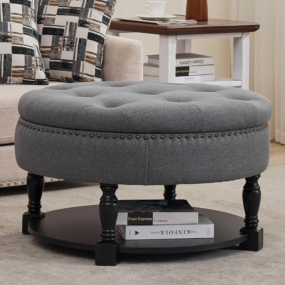 Round Storage Ottoman Coffee Table with Shelf, Fabric Dark Gray | Multi-funct...