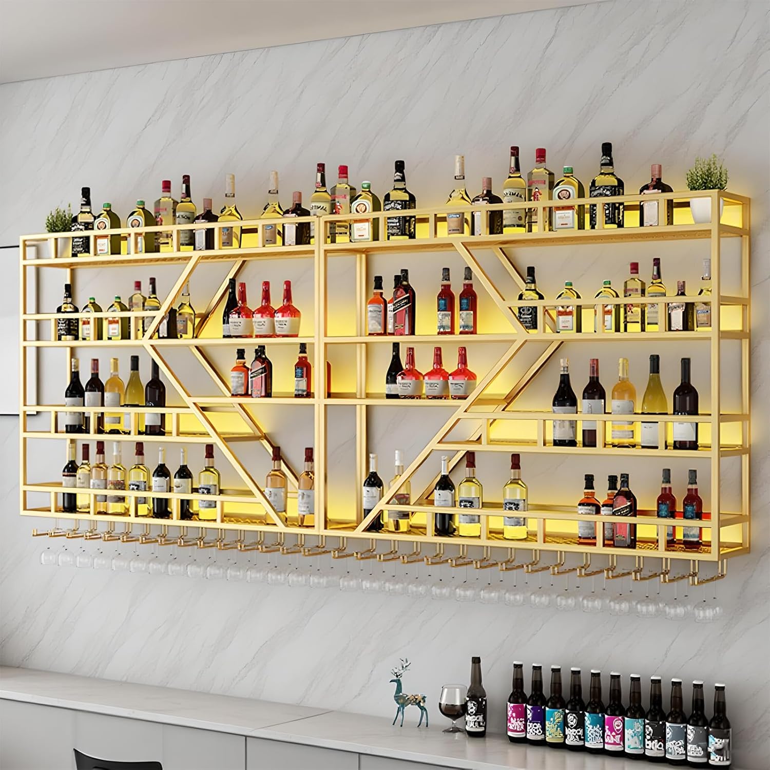 79in Metal Wine Rack Wall Mounted, Modern Wine Storage Rack Wall Mounted with Wine Glass Holder, Liquor Shelf, Bar Shelves for Liquor Bottles (4 Tiers Gold, 79 * 7.87 * 48.5INCH)