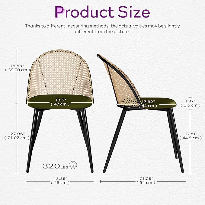 TYBOATLE Green Rattan Dinner Chairs Set of 4 with Faux Leather Cushion, Modern Dining Room Chairs w/Adjustable Foot Pads, Kitchen Boho Mid Century Upholstered