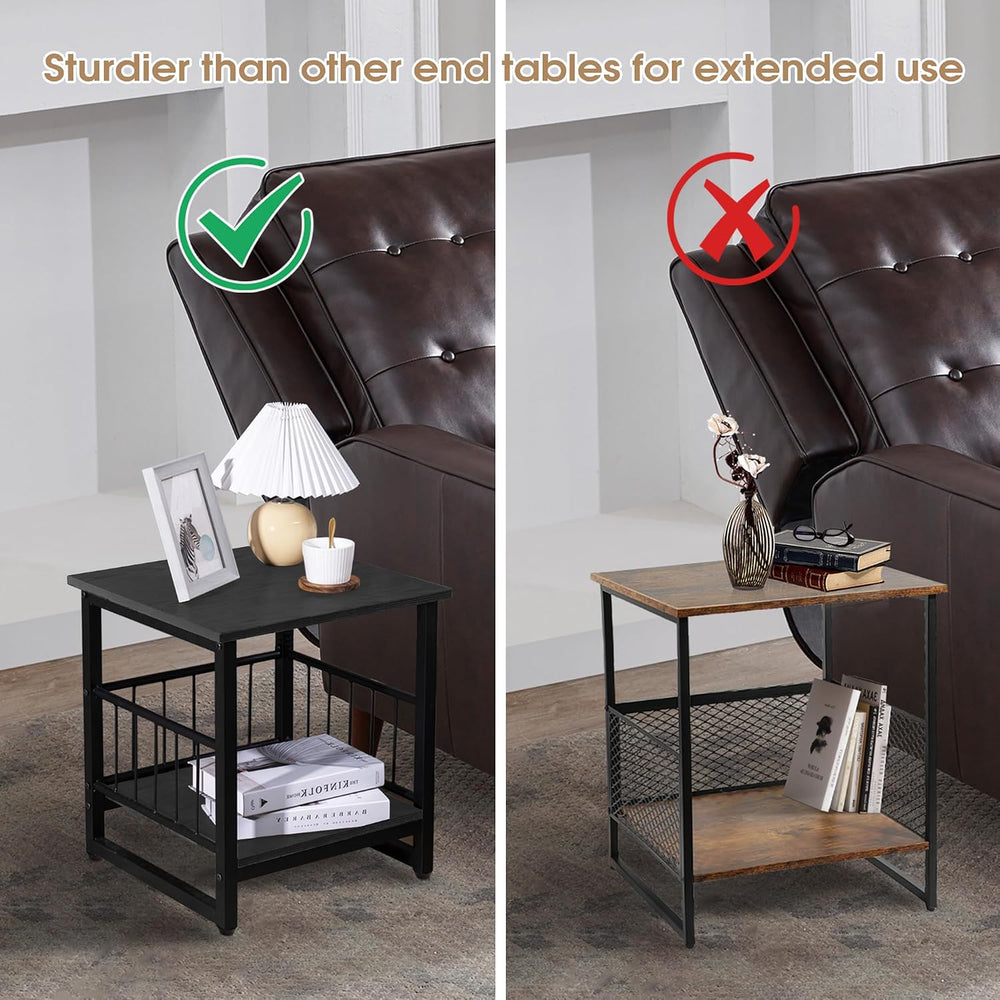 End Table, Industrial Side Table with 2-Tire Storage Shelf, 180LBS Mini Fridg...